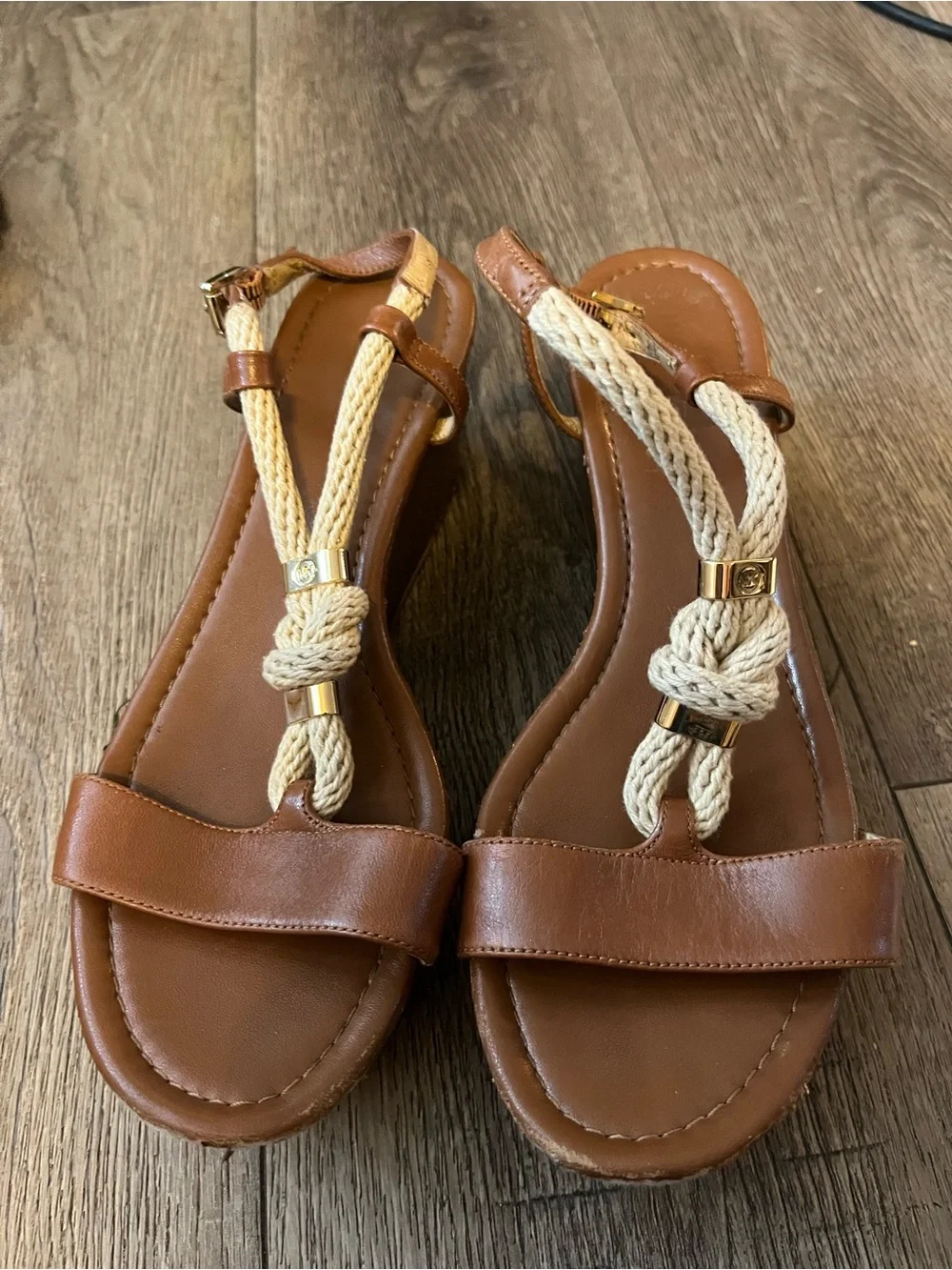 Michael Kors Brown Leather Rope-Trim Sandals